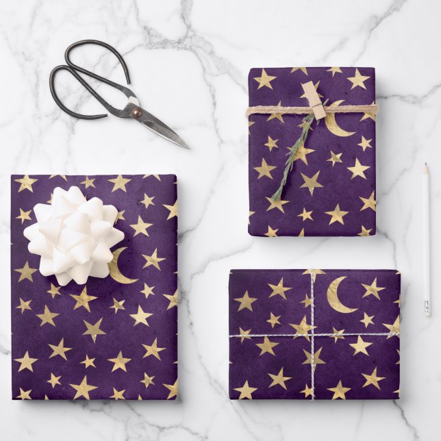 Feuille De Papier Cadeau Lune Céleste Or Et Étoiles Violet foncé (Recto)