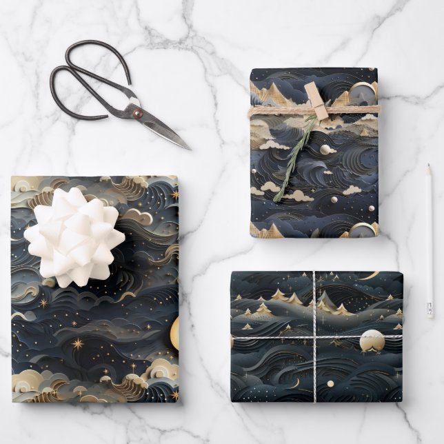 Feuille De Papier Cadeau Lune's Journey : Celestial 3D Night Sky Design (Recto)