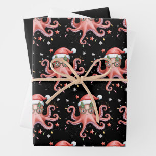 Feuille De Papier Cadeau Lunettes de poulpe Chapeau de Père Noël Lumière de