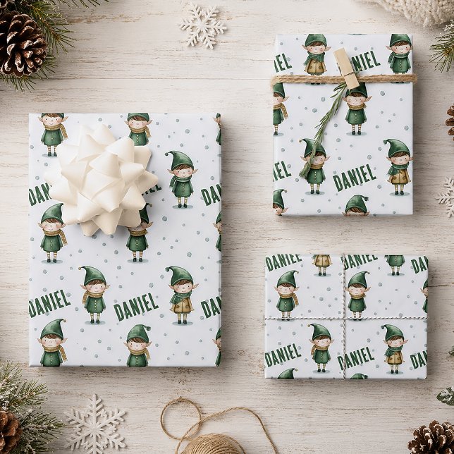 Feuille De Papier Cadeau Lutin de Noël avec nom personnalisé (Personalized Name Christmas Gift Wrap)