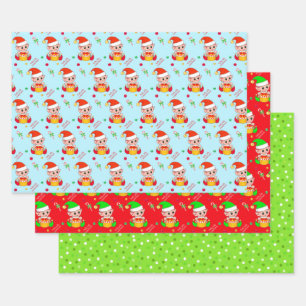 Feuille De Papier Cadeau Lutin de Noël, canne à bonbons, confettis sur fond