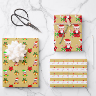 Feuille De Papier Cadeau Lutin de Noël et cloches sur rayures blanches doré