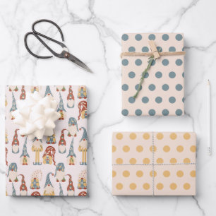 Feuille De Papier Cadeau Lutins de Noël Nordiques Scandinaves Bleu Jaune