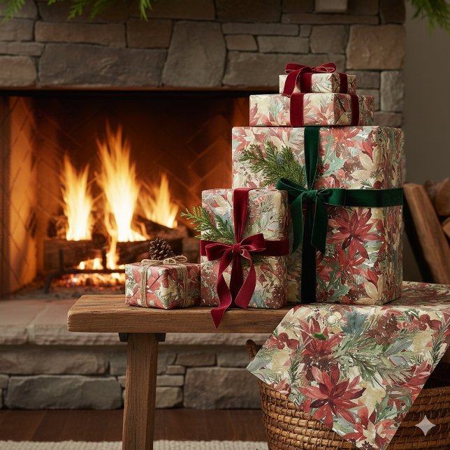 Feuille De Papier Cadeau Luxe Aquarelle Noël Fleurs de Noël (Luxury Watercolor Christmas Holiday Floral Wrapping Paper Sheets)