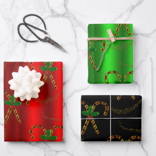 Feuille De Papier Cadeau Luxe Gold Sucres de canne et Holly Christmas
