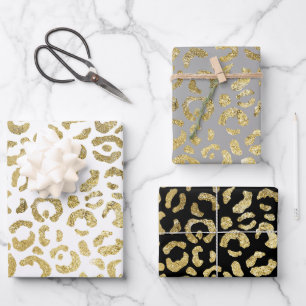 Feuille De Papier Cadeau Luxueux Empreinte de léopard Glam Gold Grey Set de