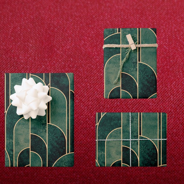 Feuille De Papier Cadeau Luxueux Motif Art déco Vert et Or (Créateur téléchargé)
