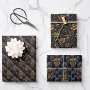 Feuille De Papier Cadeau Luxueux Motif baroque noir et or