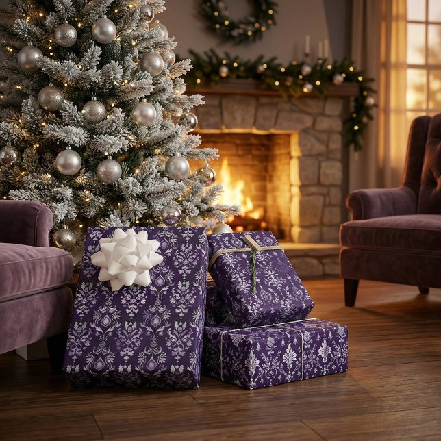 Feuille De Papier Cadeau Luxueux Motif de Noël violet et argent (Créateur téléchargé)