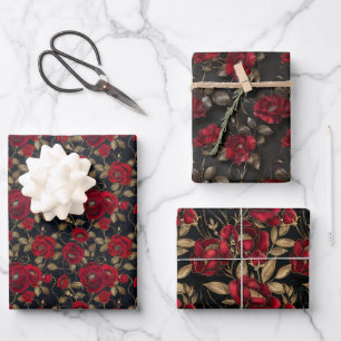Feuille De Papier Cadeau Luxueux Motif Rouge Rose & Gold Leaf sur Noir