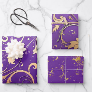 Feuille De Papier Cadeau Luxueux Royal Purple et Gold Damask Motif