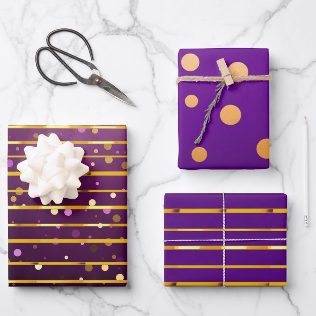 Feuille De Papier Cadeau Luxuriant Purple & Gold Stripe and Dot Christmas (Recto)