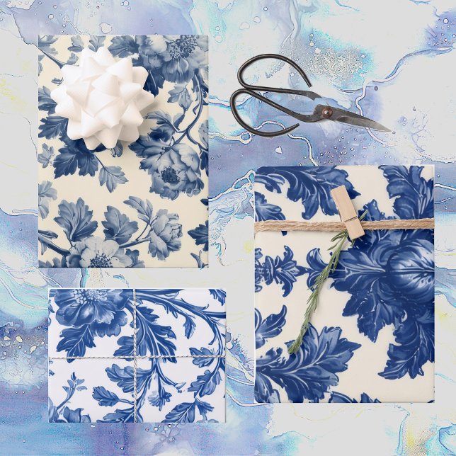 Feuille De Papier Cadeau Luxurious French Toile Dreamy Blue Engraved Floral (Luxurious French Toile Dreamy Blue Engraved Floral Wrapping Paper Sheets)