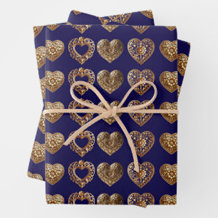 Feuille De Papier Cadeau Luxurious Golden Baroque Hearts Pattern on Navy Bl
