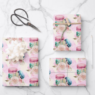 Feuille De Papier Cadeau Macarons et fleurs colorés Motif d'aquarelle
