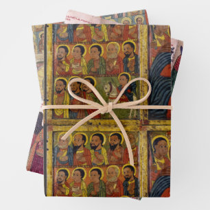 Feuille De Papier Cadeau Madone noire éthiopienne et enfant avec saints