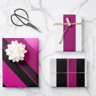 Feuille De Papier Cadeau Magenta chic moderne, noir et blanc rayé