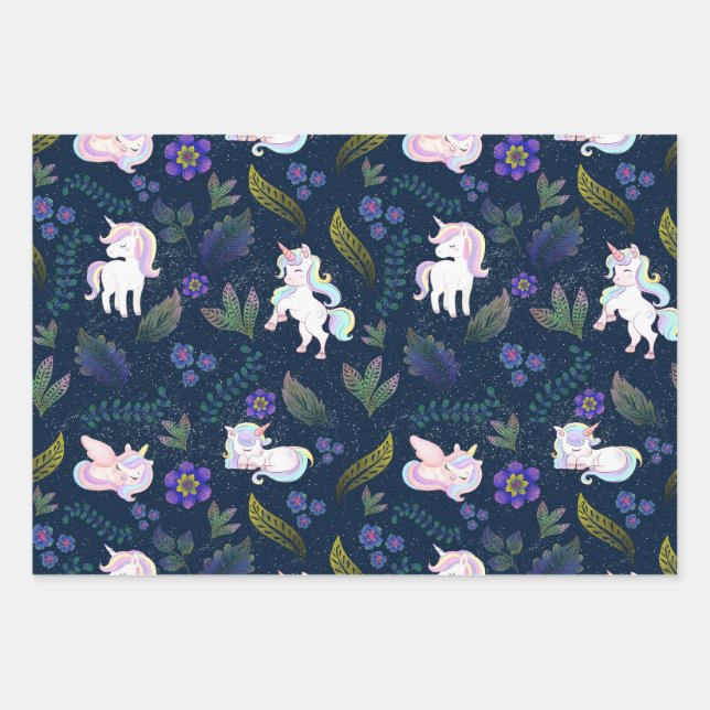 Feuille De Papier Cadeau Magical Unicorn Night Forest Seamless Pattern (Devant)