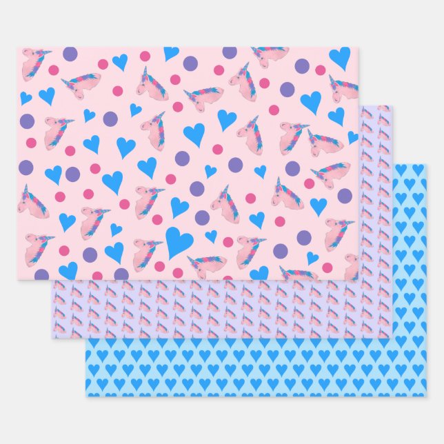 Feuille De Papier Cadeau Magique Unicorne Mythique Cheval et Coeurs (Lot)