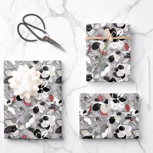 Feuille De Papier Cadeau Magnolia d'hiver gris noir (Gray Black Floral Winter Magnolia Wrapping Paper Sheets from Studio Posies. )