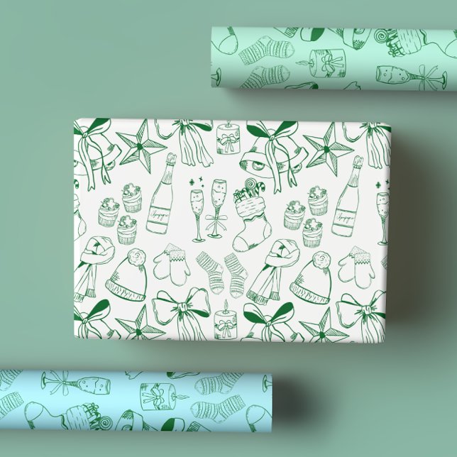 Feuille De Papier Cadeau Main moderne dessinée Bleu Vert Noël Célébration (Créateur téléchargé)