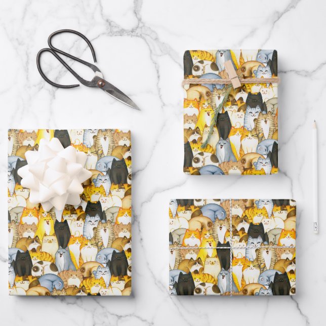 Feuille De Papier Cadeau Main tiré Cute Kittens Motif Pet Cats (Recto)
