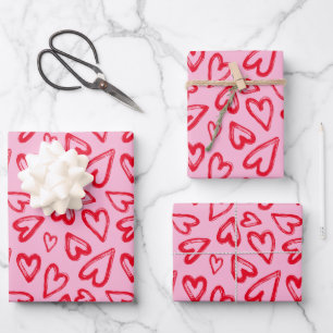 Feuille De Papier Cadeau Main tiré Red Hearts Saint Valentin