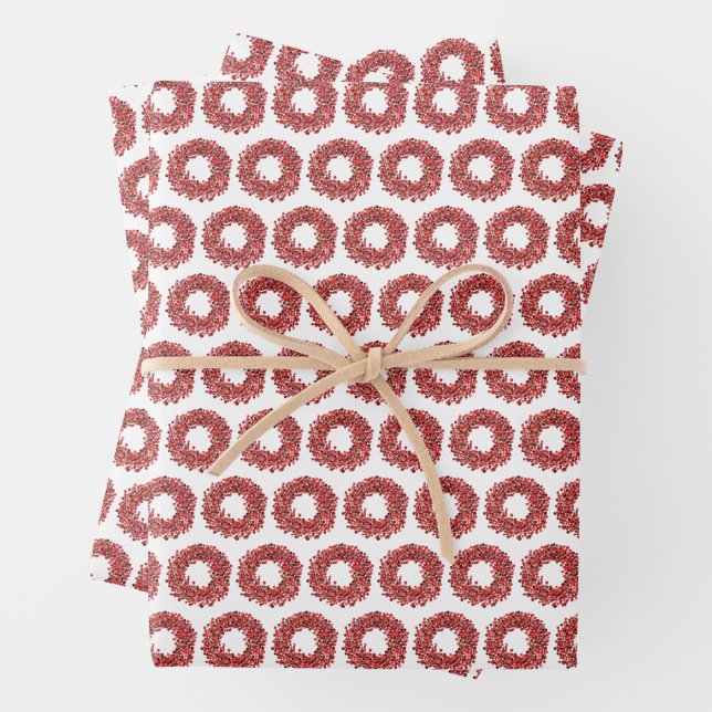 Feuille De Papier Cadeau Mains peintes rouge Winterberry Wreath Noël (En situation)