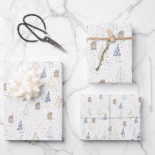 Feuille De Papier Cadeau Maison Boho et arbres de Noël