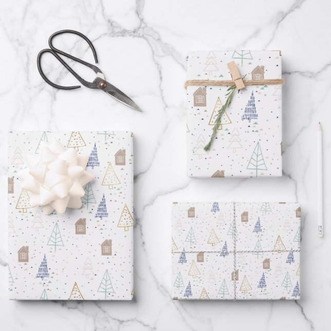Feuille De Papier Cadeau Maison Boho et arbres de Noël (Recto)