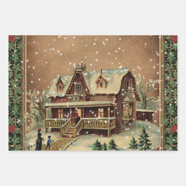 Feuille De Papier Cadeau Maison de Noël victorienne en hiver Illustration (Devant)