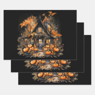 Feuille De Papier Cadeau Maison hantée avec Halloween Citrouille