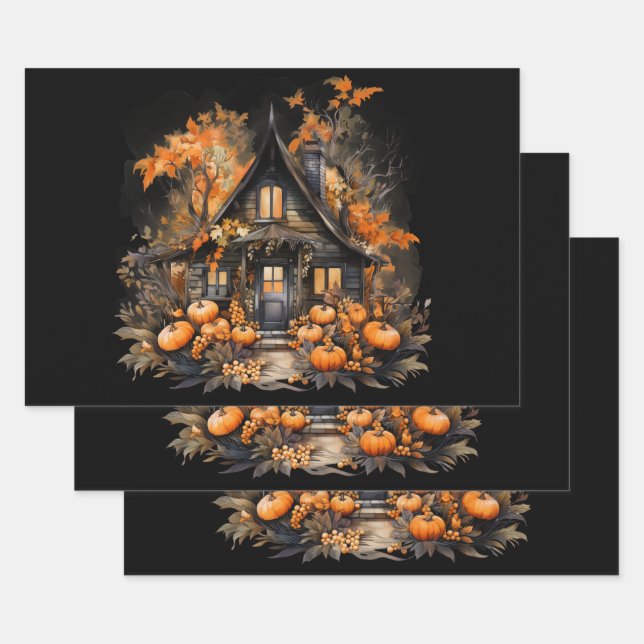 Feuille De Papier Cadeau Maison hantée avec Halloween Citrouille (Lot)