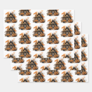 Feuille De Papier Cadeau Maison hantée avec Motif Citrouille d'Halloween