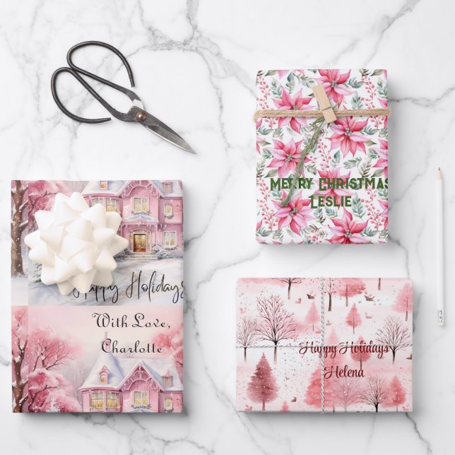 Feuille De Papier Cadeau Maison rose vierge Arbre de Noël Poinsettia Person (Recto)