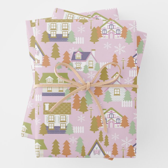 Feuille De Papier Cadeau Maisons de Noël rose (En situation)