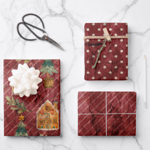 Feuille De Papier Cadeau Maisons de Noël vintage rouge vert or
