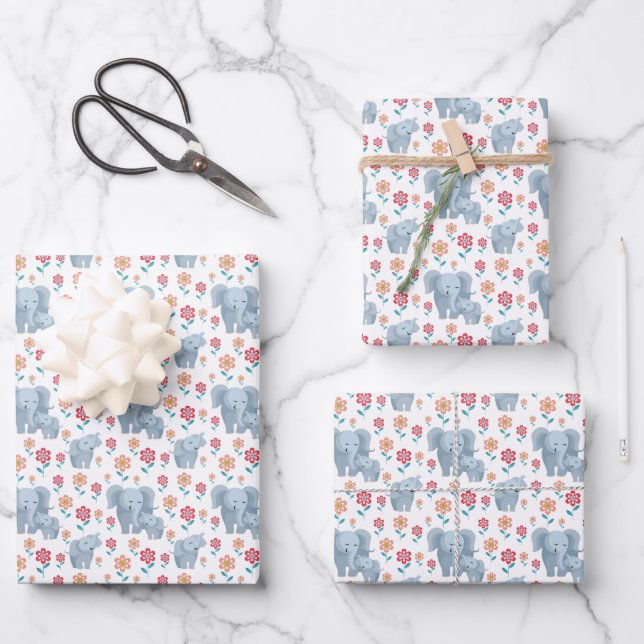 Feuille De Papier Cadeau Maman mignonne bébé éléphant motif en carrelage (Recto)