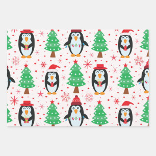 Feuille De Papier Cadeau Manchots de Noël avec motif d'arbres de pin