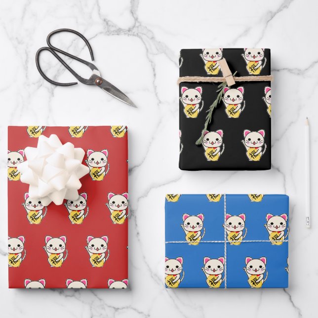 Feuille De Papier Cadeau Maneki Neko - Chat Chanceux Mixte (Recto)