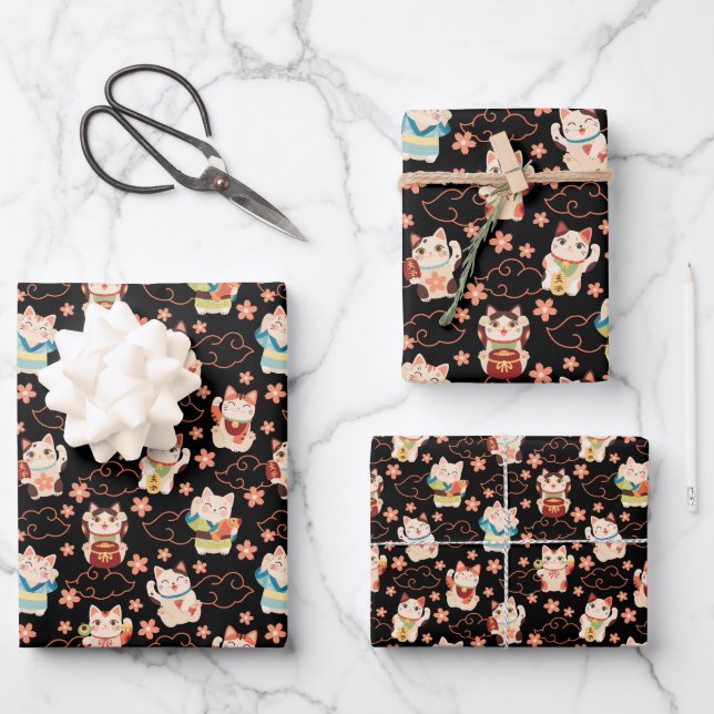 Feuille De Papier Cadeau Maneki Neko Lucky Cats Wrapping Paper Set (Recto)