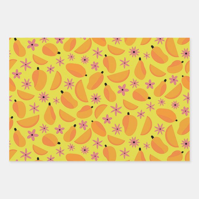 Feuille De Papier Cadeau Mange mangue fruits et fleurs motif (Devant)