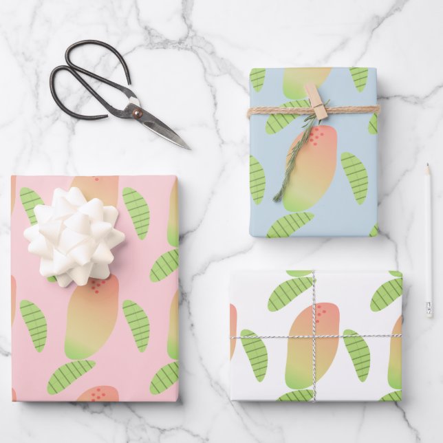 Feuille De Papier Cadeau Mangue tropicale fruit vert orange  (Recto)