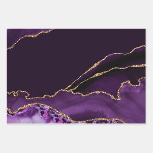 Feuille De Papier Cadeau Marbre agate pailleté violet et or faux