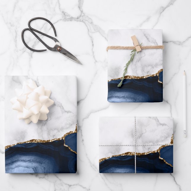 Feuille De Papier Cadeau Marbre blanc Agate bleu marine doré (Recto)