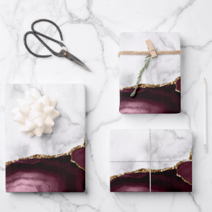 Feuille De Papier Cadeau Marbre Blanc Agate Rouge de Bourgogne Doré