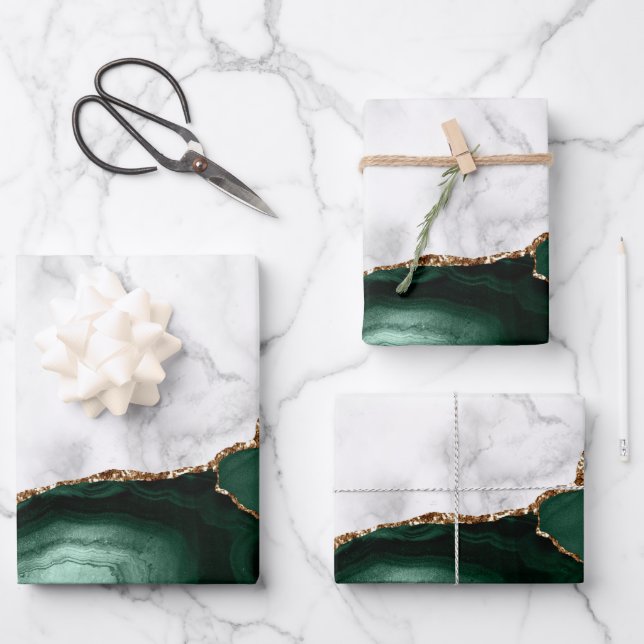 Feuille De Papier Cadeau Marbre Blanc Doré Agate Vert Emeraude (Recto)
