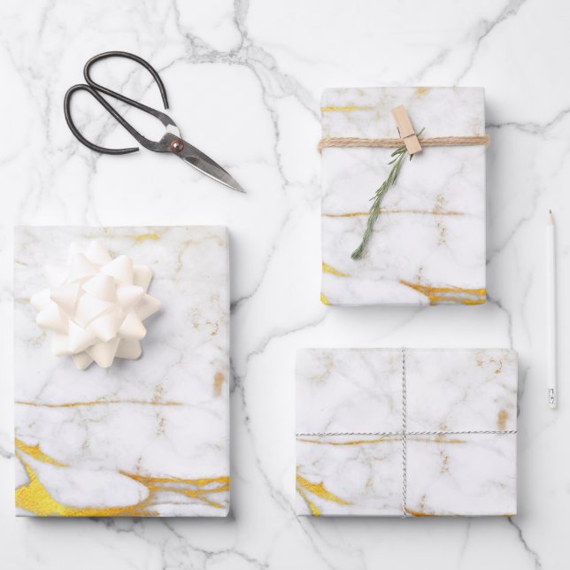 Feuille De Papier Cadeau Marbre blanc et or élégant (Recto)