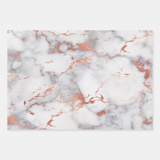 Feuille De Papier Cadeau Marbre blanc et or rose  (Devant)