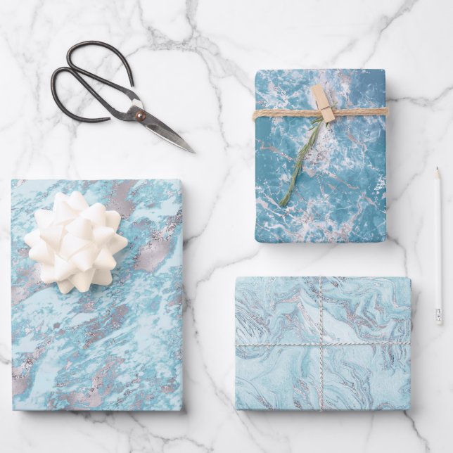 Feuille De Papier Cadeau Marbre bleu Aqua Silver (Recto)